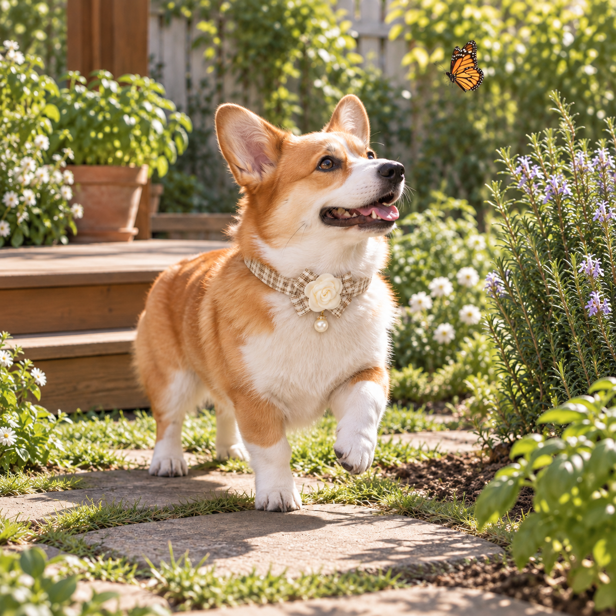 Corgi wearing a pearl collar in a garden