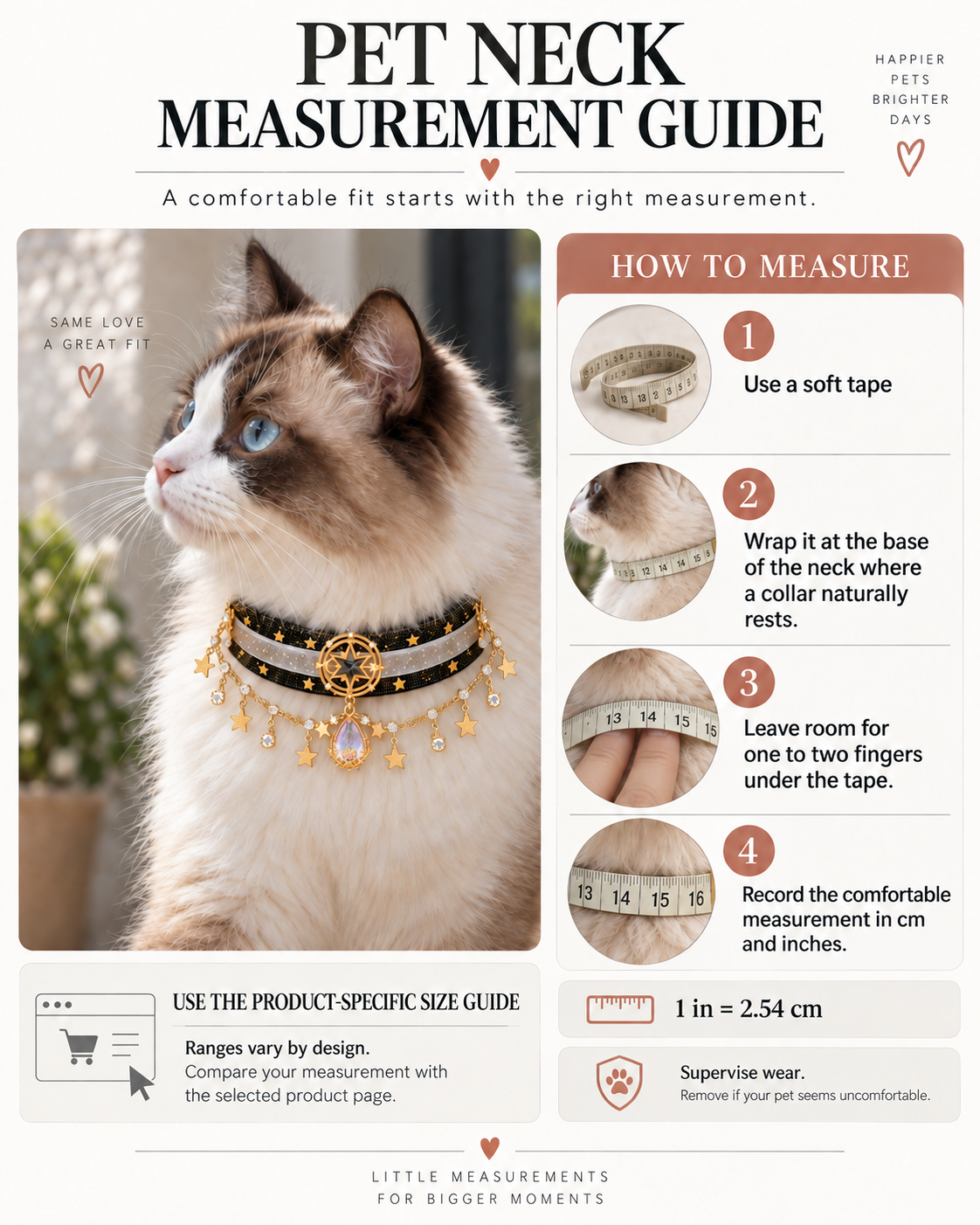 companion neck measurement guide showing the base of the neck, one to two finger allowance and product-specific size guidance