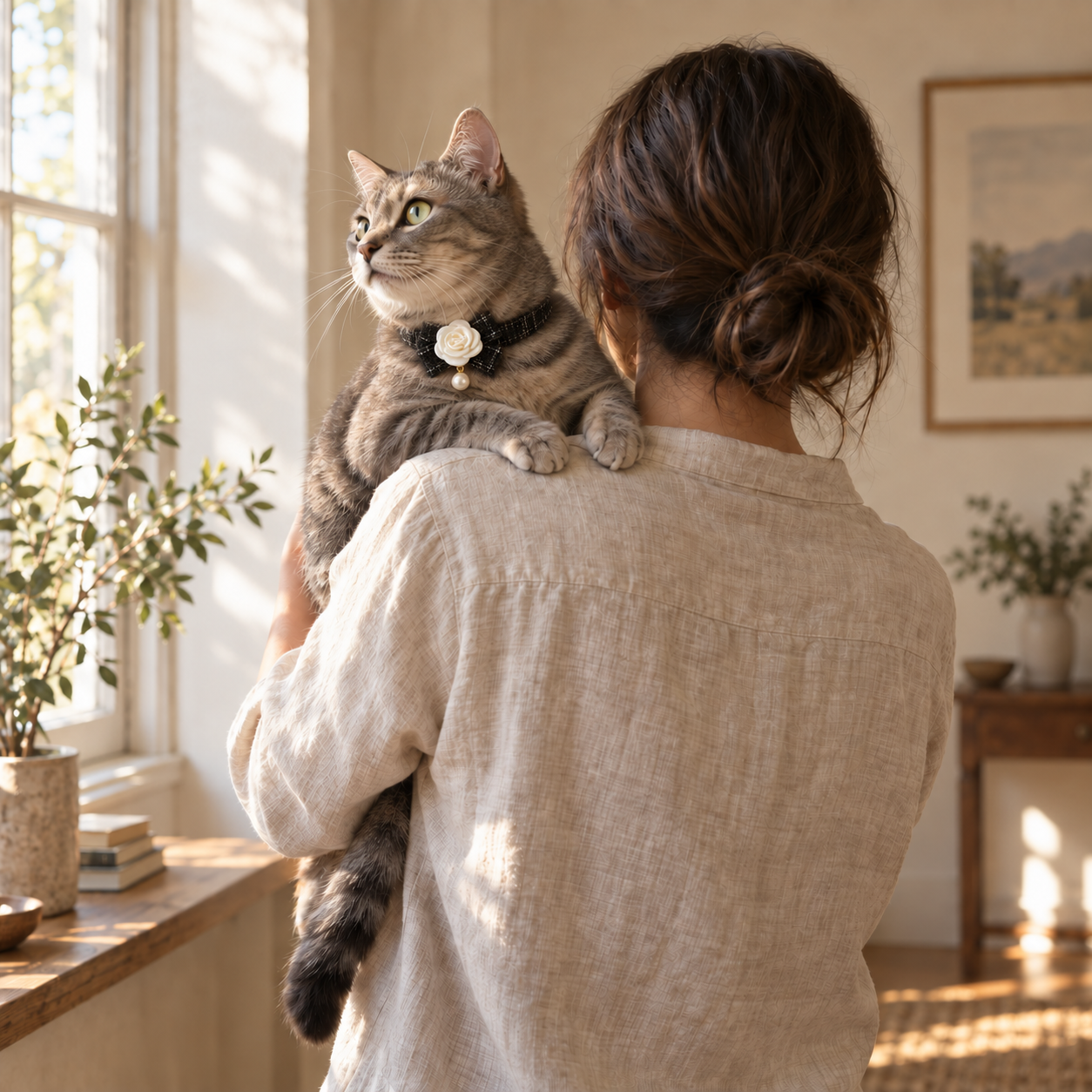 A woman holding a tabby cat wearing a Rose Tweed Pearl Collar