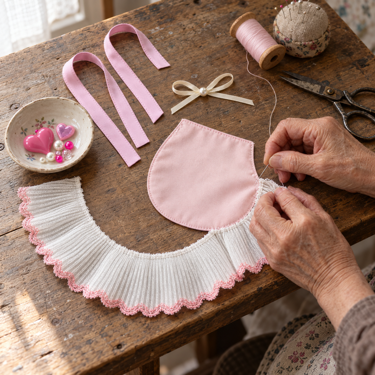 An older maker assembling a Pink Heart Bib from its separate parts