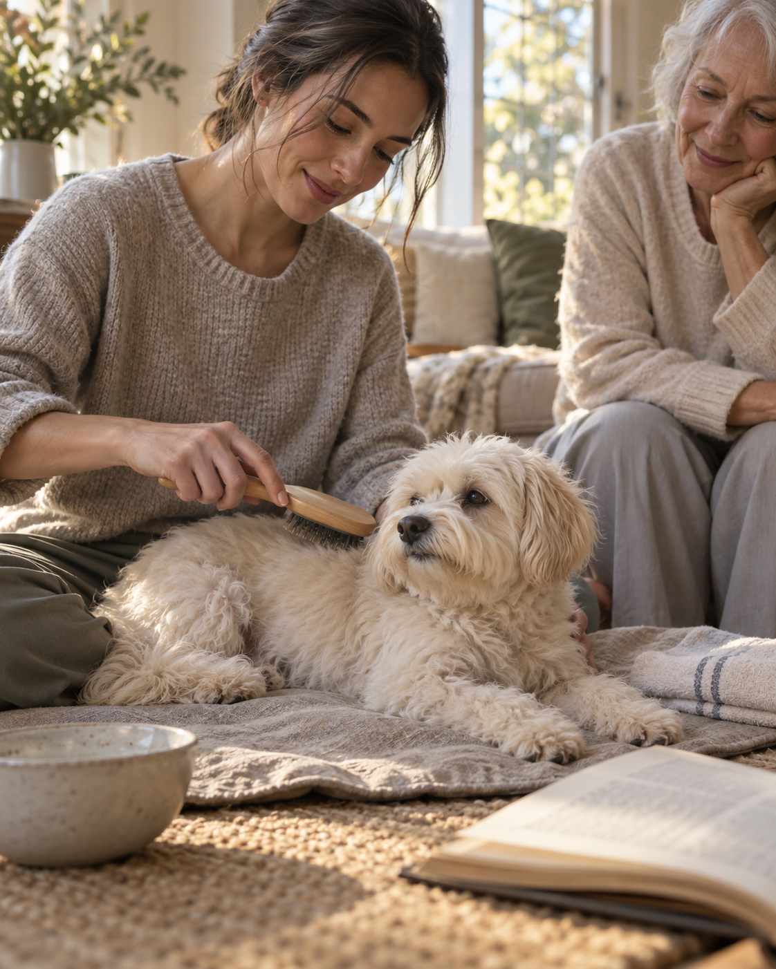 A woman brushing a small cream dog while an older loved one sits close