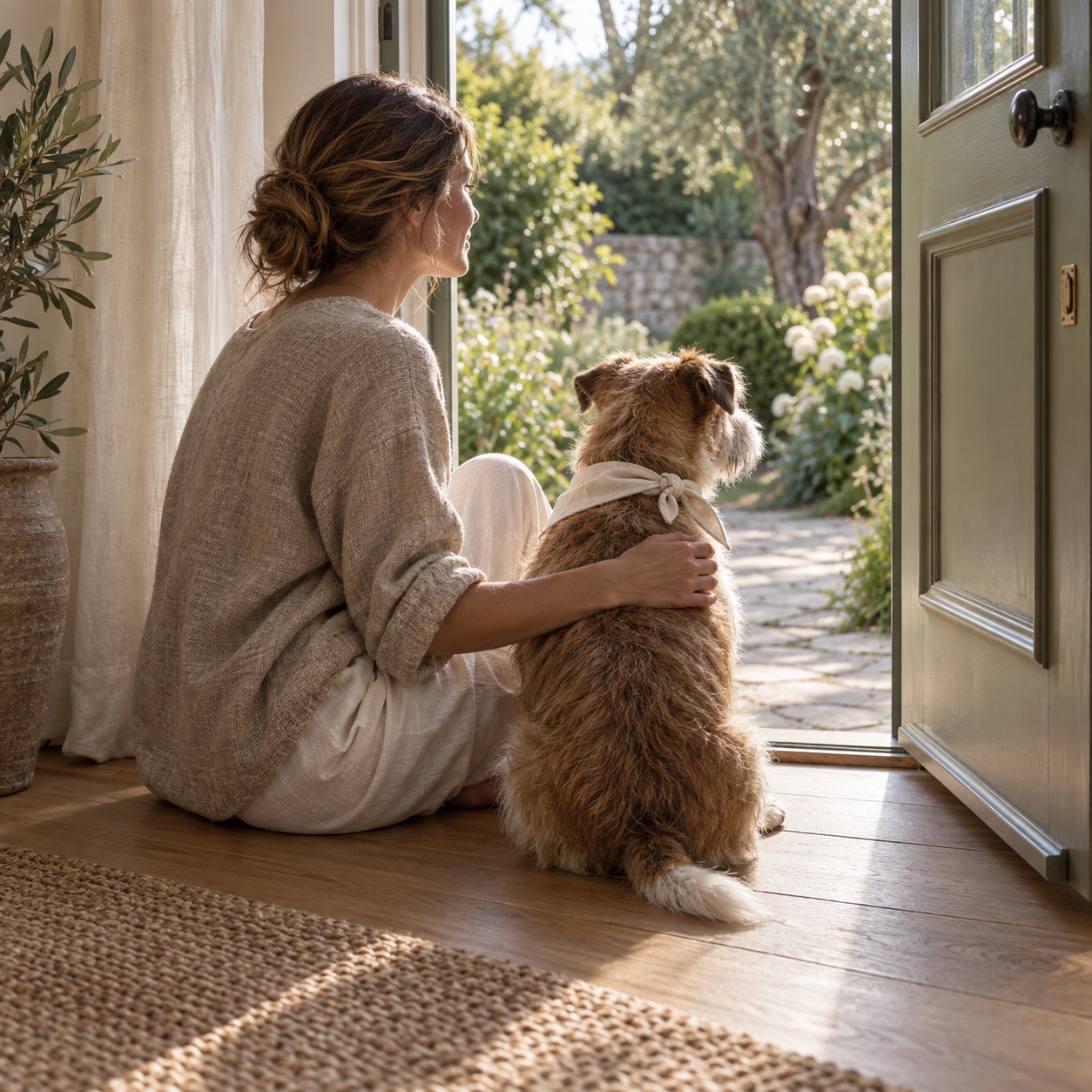 A woman and a small terrier sharing a quiet moment before a morning walk